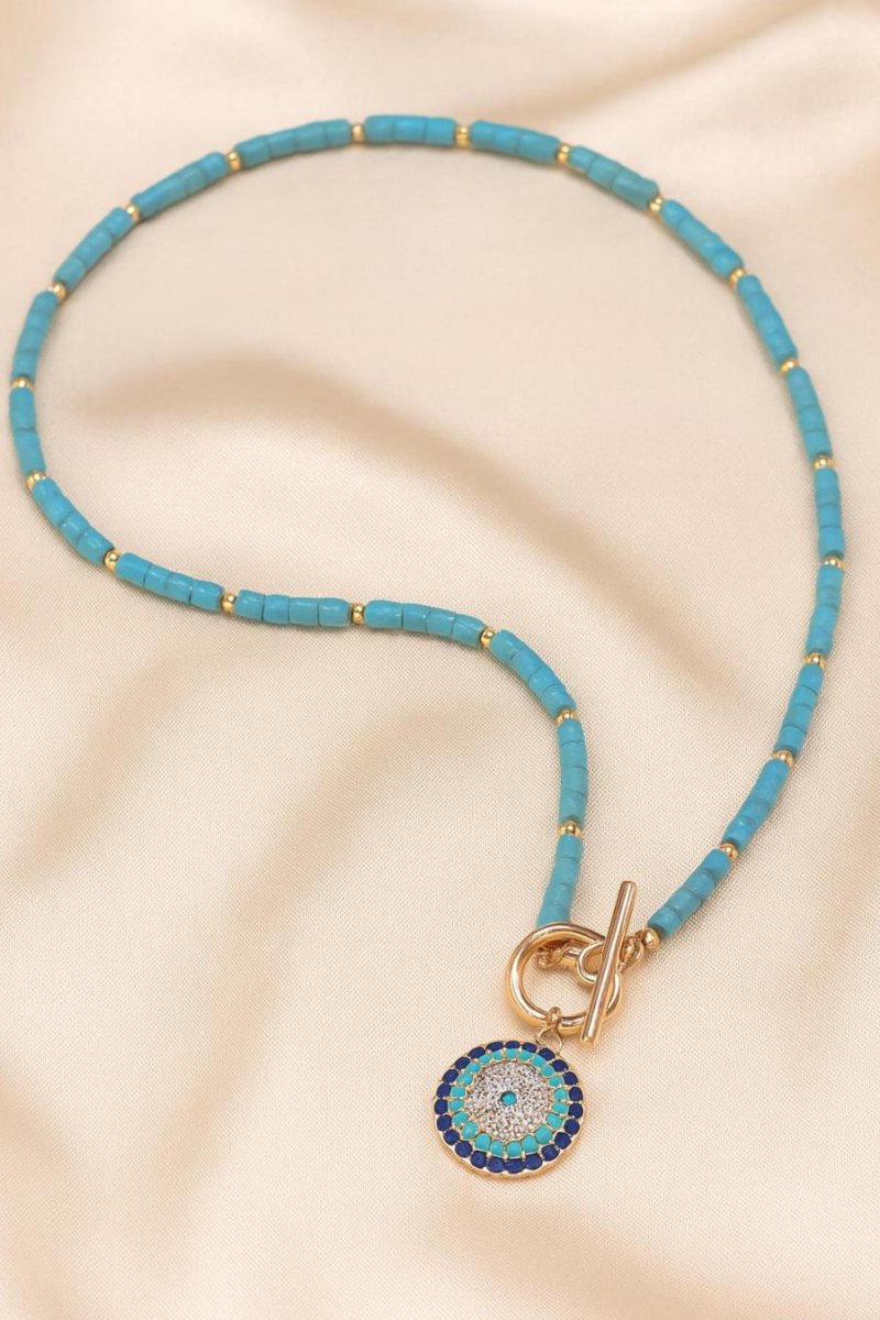 Collier Œil Turc Bleu et Doré – Perles Turquoises & Pendentif Protecteur en Acier Inoxydable - Manaya Bijoux