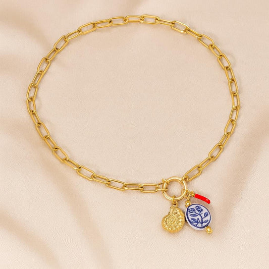 Collier Chaîne Dorée avec Pendentifs Symboliques – Style Médaillon & Céramique Artisanale - Manaya Bijoux